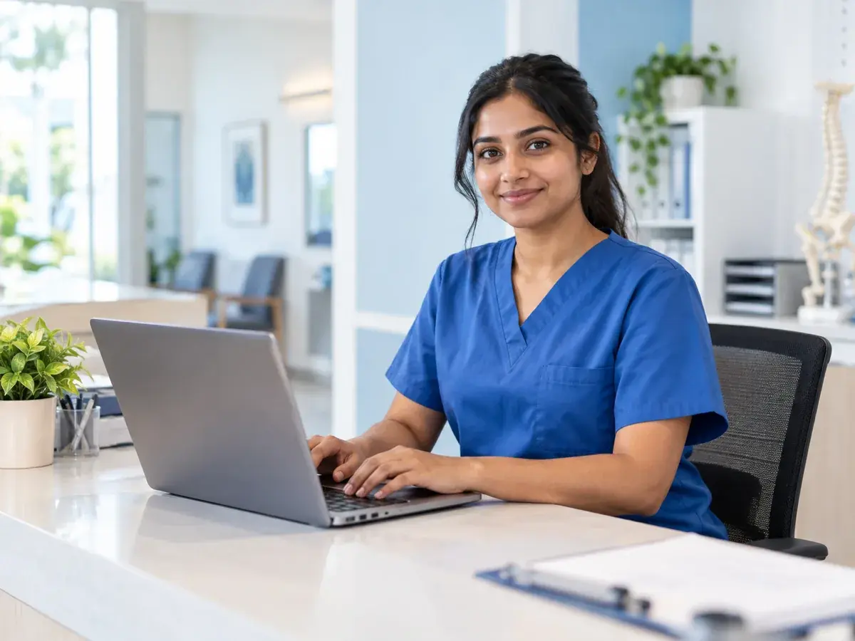 Clinic receptionist in blue scrubs working at a laptop