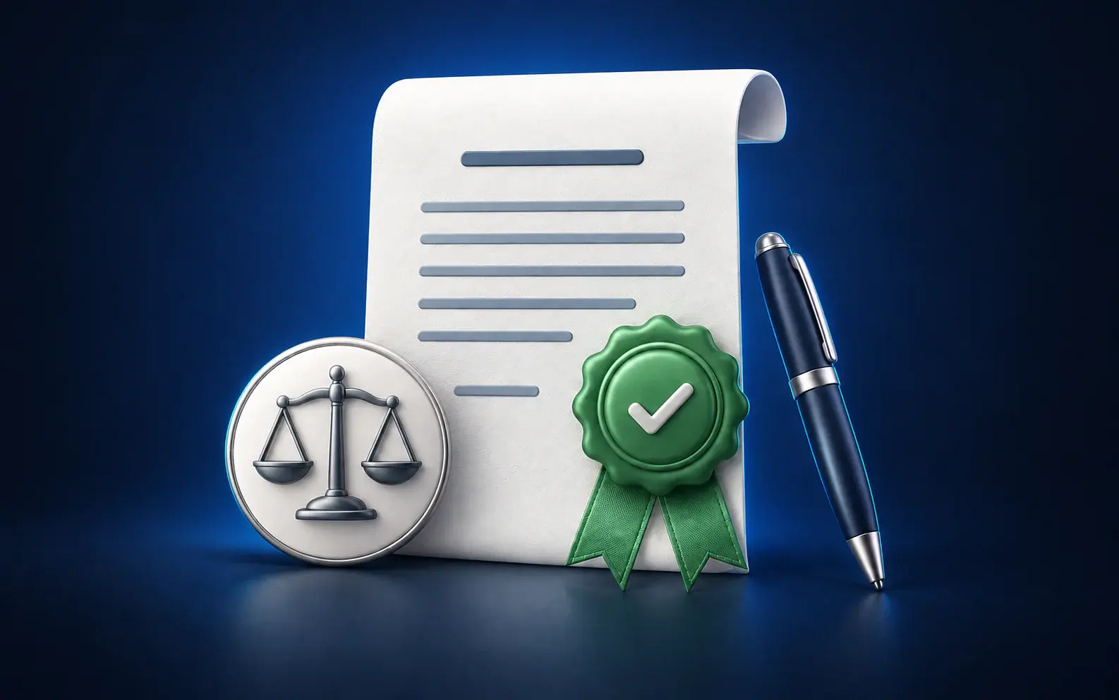 An agreement document with a balance scale, confirmation seal and pen