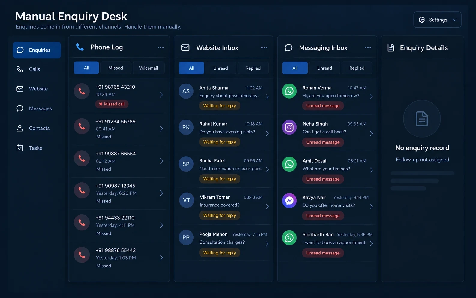 A fragmented enquiry screen with missed calls, unanswered website enquiries and unread customer messages