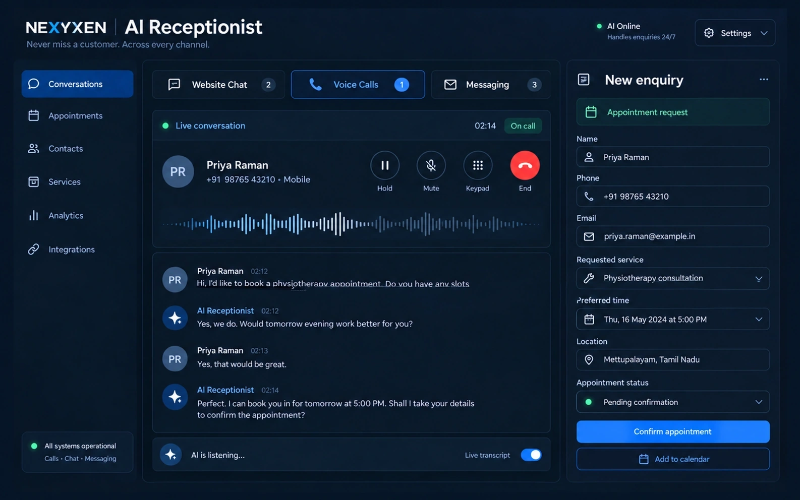 NEXYXEN AI Receptionist handling Priya Raman's live call and turning it into an appointment enquiry