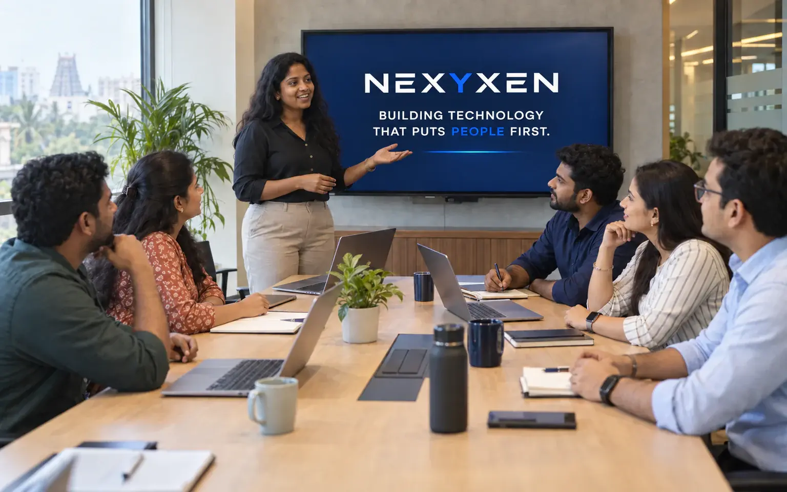 Six Indian team members listening to a presentation about NEXYXEN in a Chennai meeting room