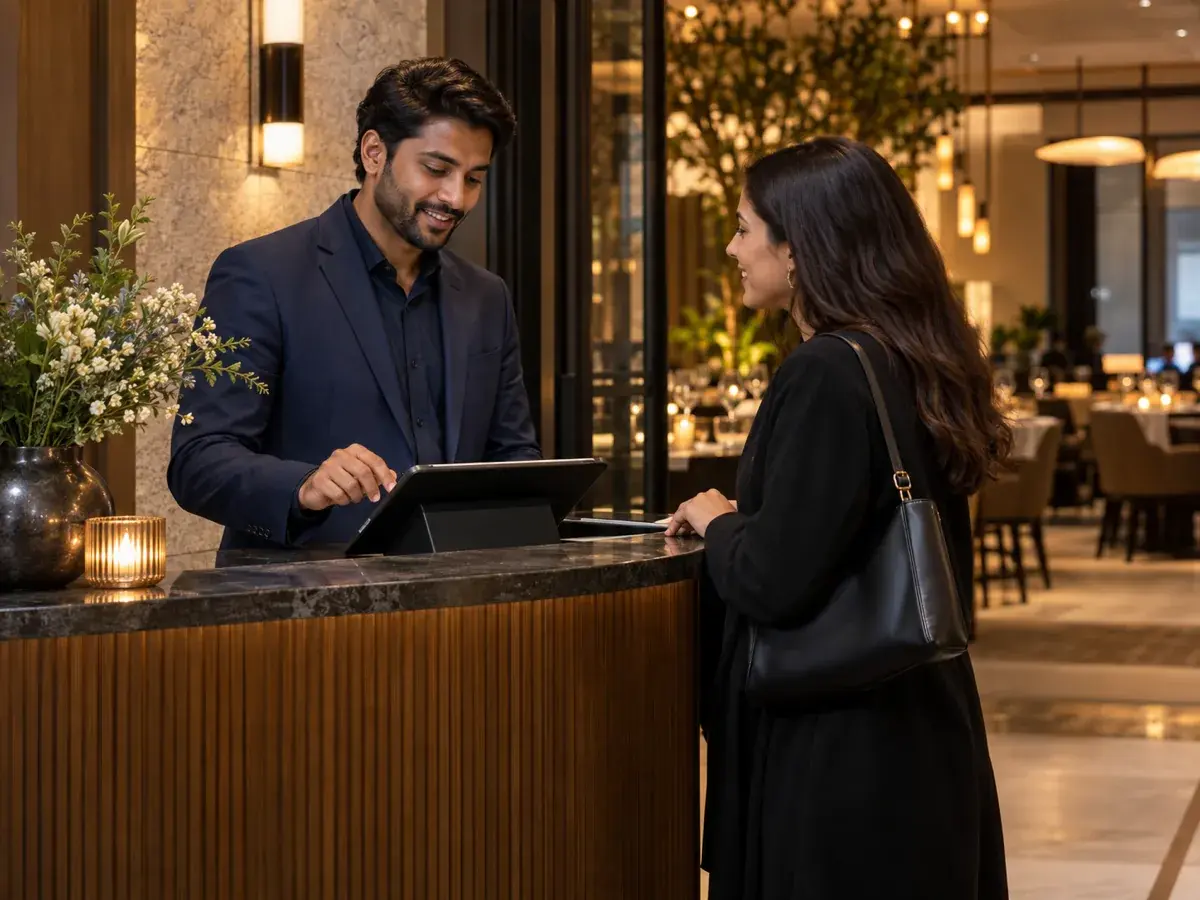 A host checking a guest in on a screen at a restaurant desk