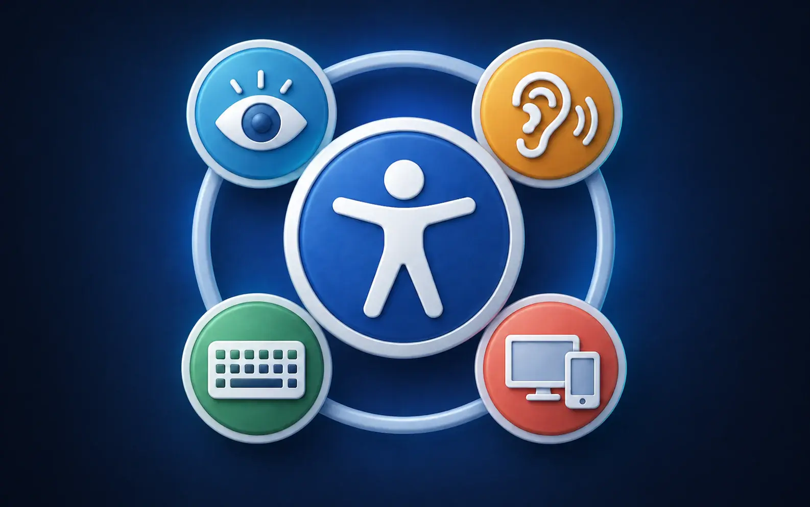 The accessibility symbol connected to vision, hearing, keyboard and responsive-device icons