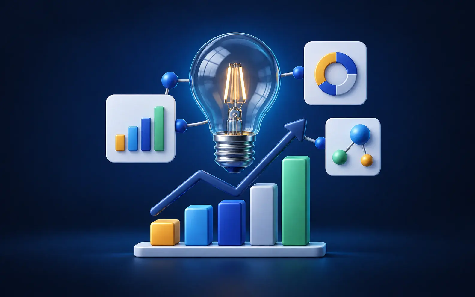 A light bulb above a rising chart and connected research symbols