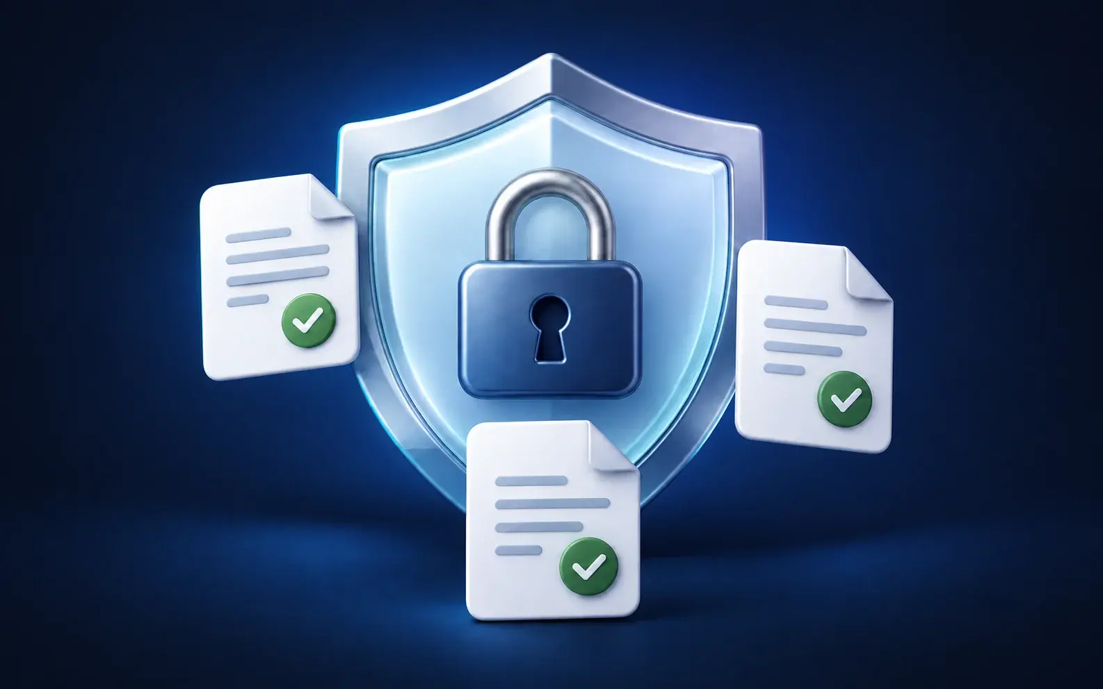 A shield and padlock protecting three documents