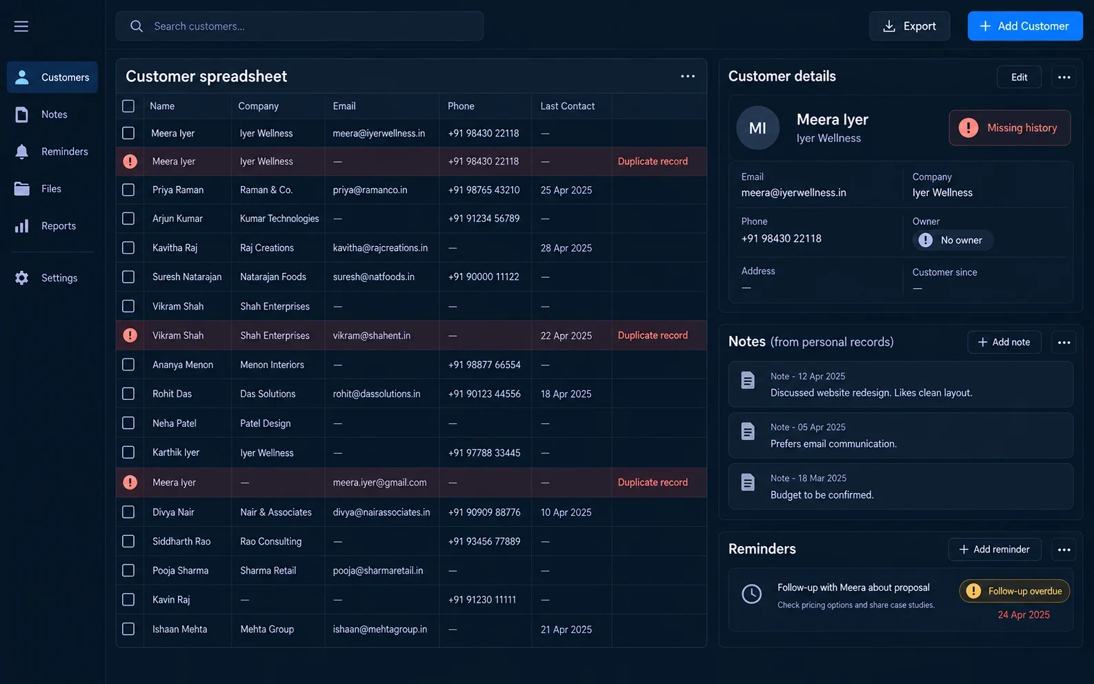 A customer spreadsheet containing duplicate records, missing history and an overdue follow-up