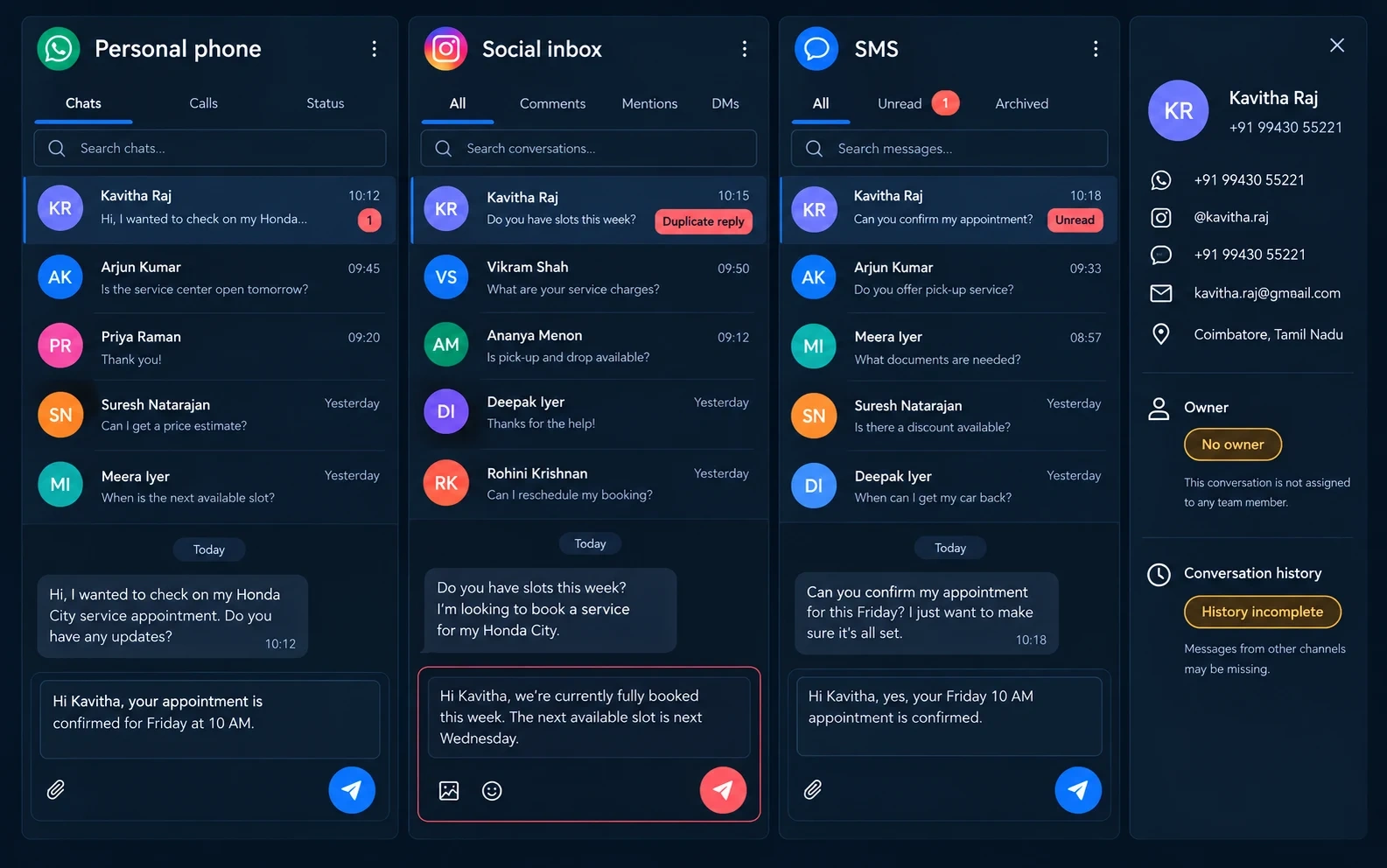 Customer conversations split across personal messaging, a social inbox and SMS with duplicate replies