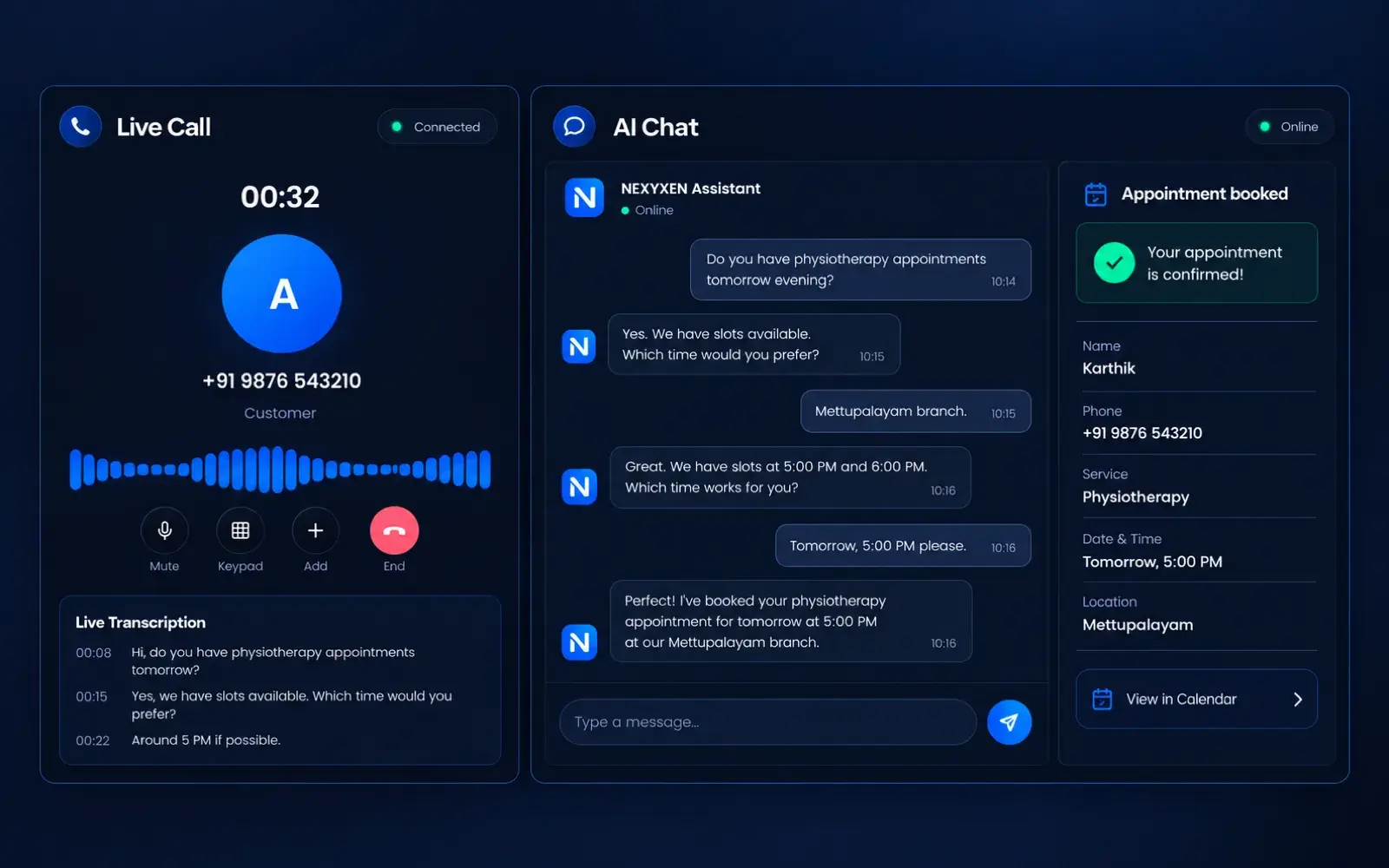 AI receptionist handling an active voice call with a live transcript alongside a customer chat and a confirmed appointment