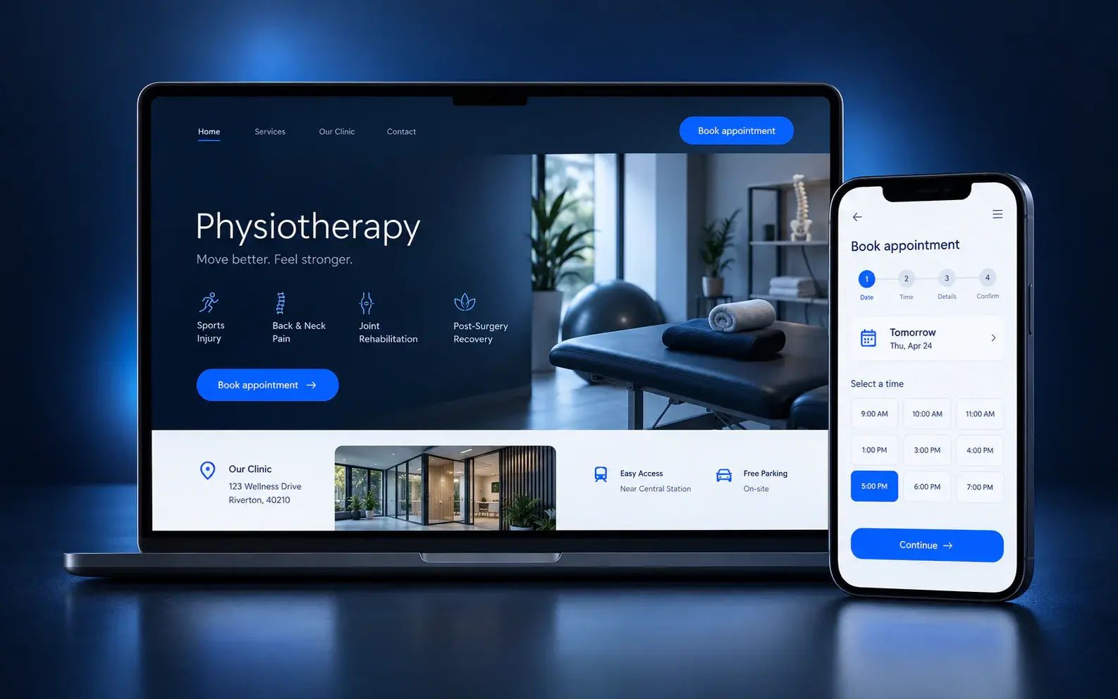Clinic website and appointment booking screens shown on desktop and mobile