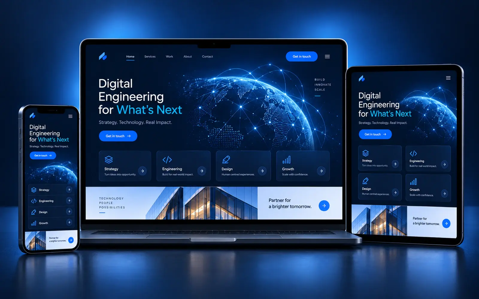 NEXYXEN digital engineering website shown across desktop, tablet and mobile layouts
