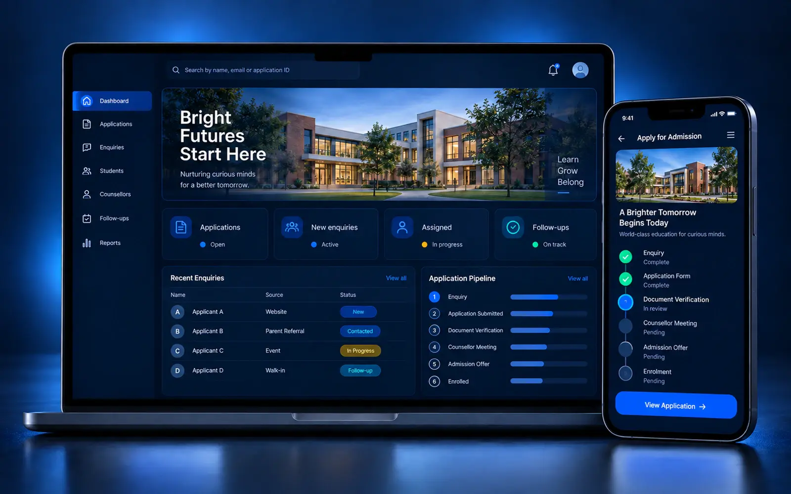 School admissions portal shown on desktop and mobile
